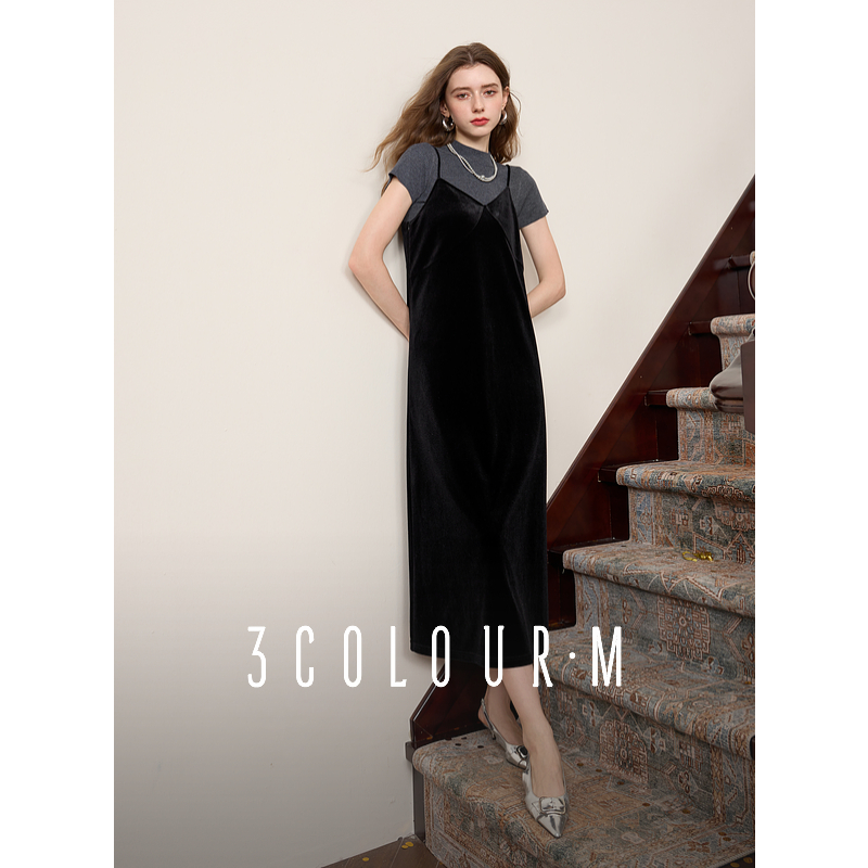 【粉丝专属】三彩2025春季新款丝绒吊带裙无袖系带连衣裙A字长dbx