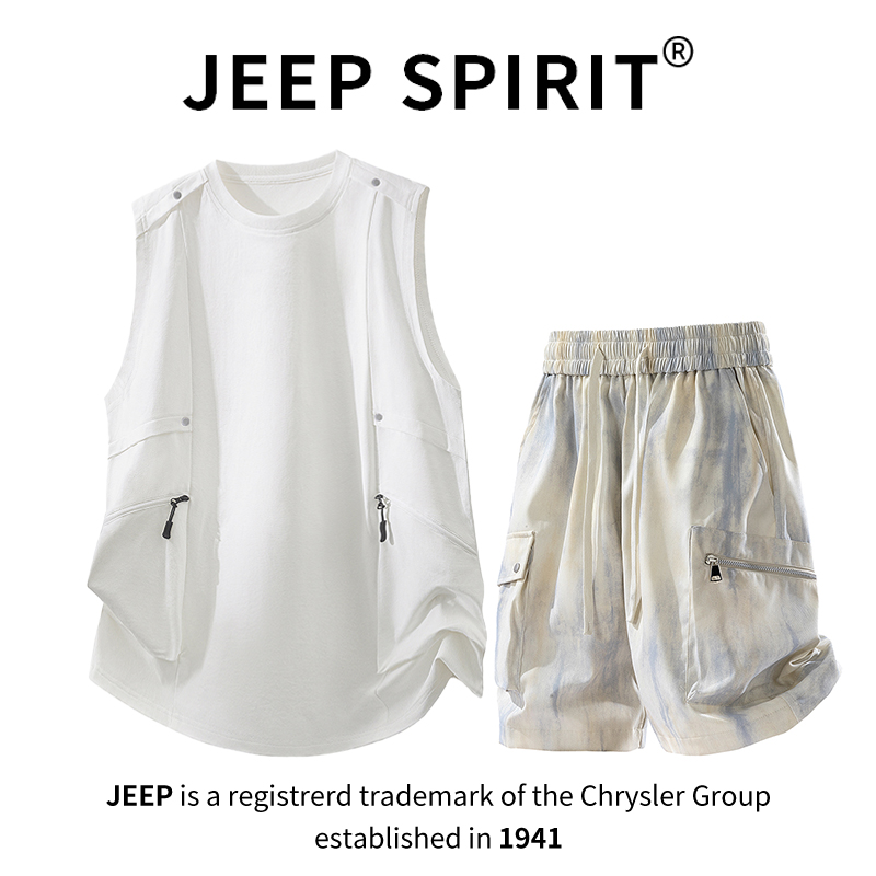 JEEPSPIRIT吉普工装背心短裤套装男宽松运动无袖T恤美式潮流休闲