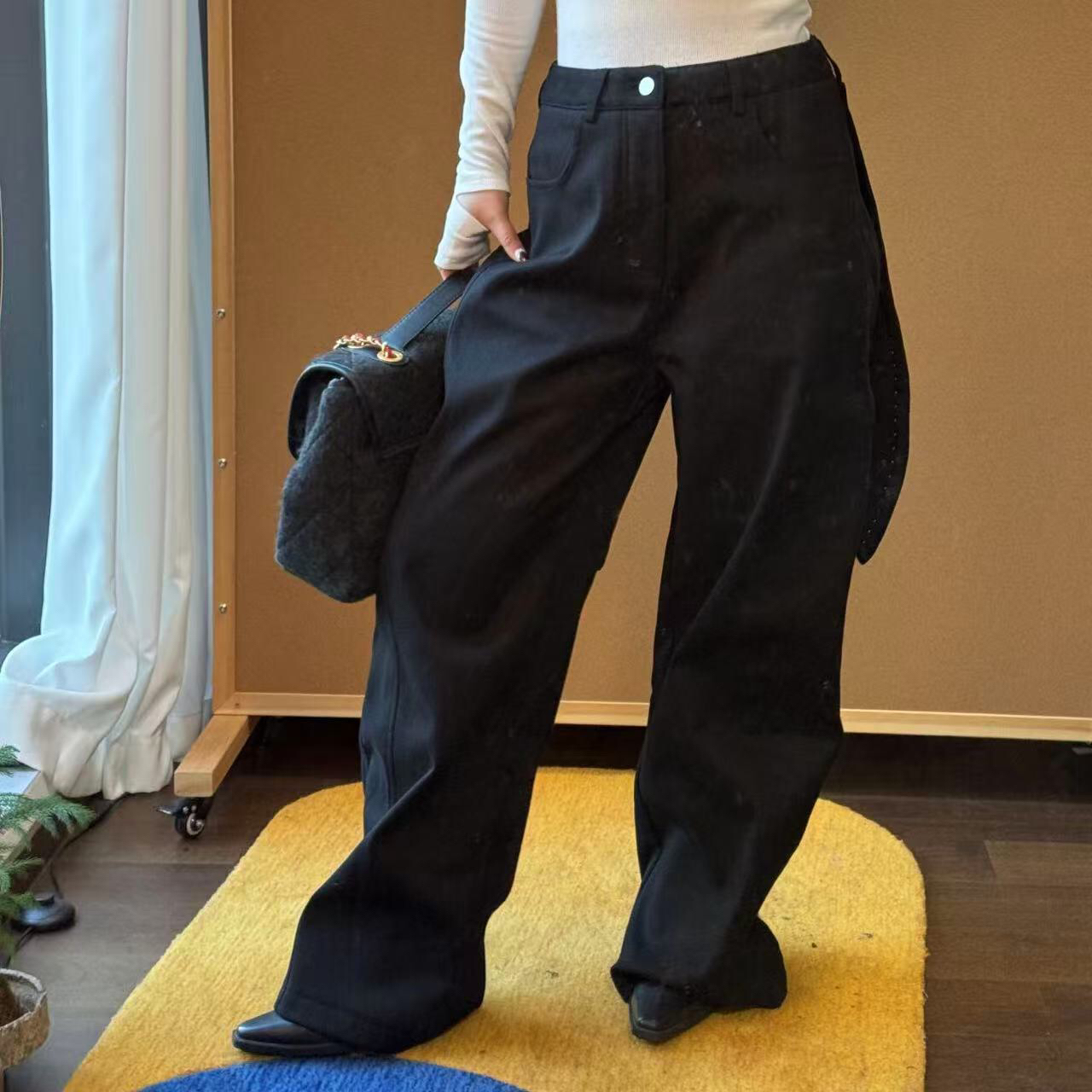 铆钉兔耳拉链设计加绒休闲裤