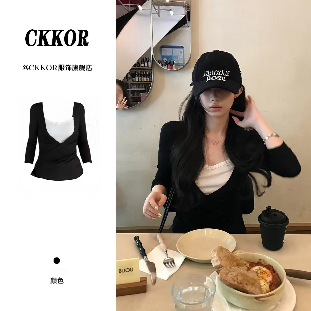 CKKOR秋季新款假两件v领长袖t恤女美式辣妹修身显瘦内搭打底上衣 