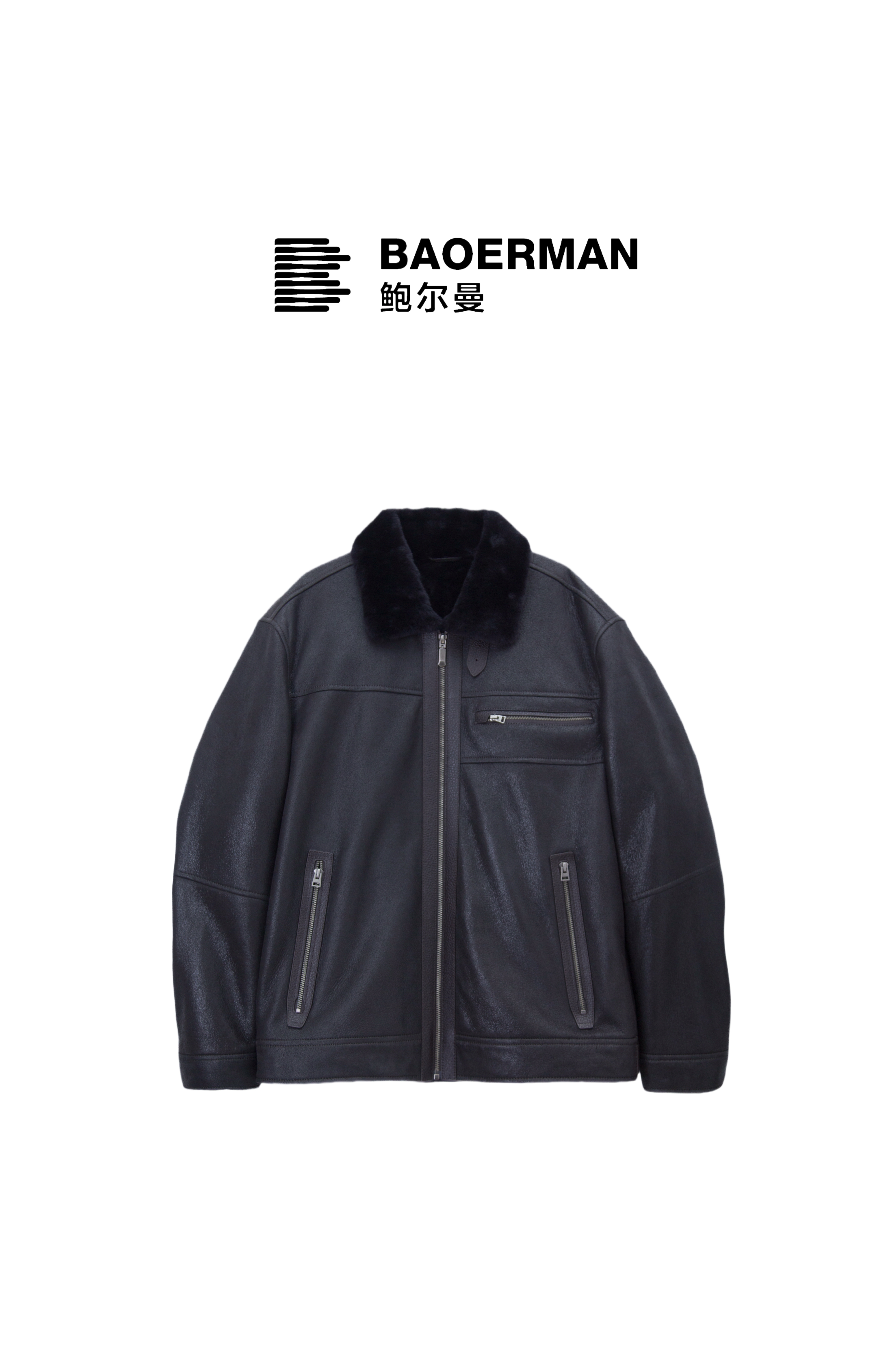 鲍尔曼BAOERMAN西班牙美利奴黑色翻领简约通勤风皮毛一体25pm6137