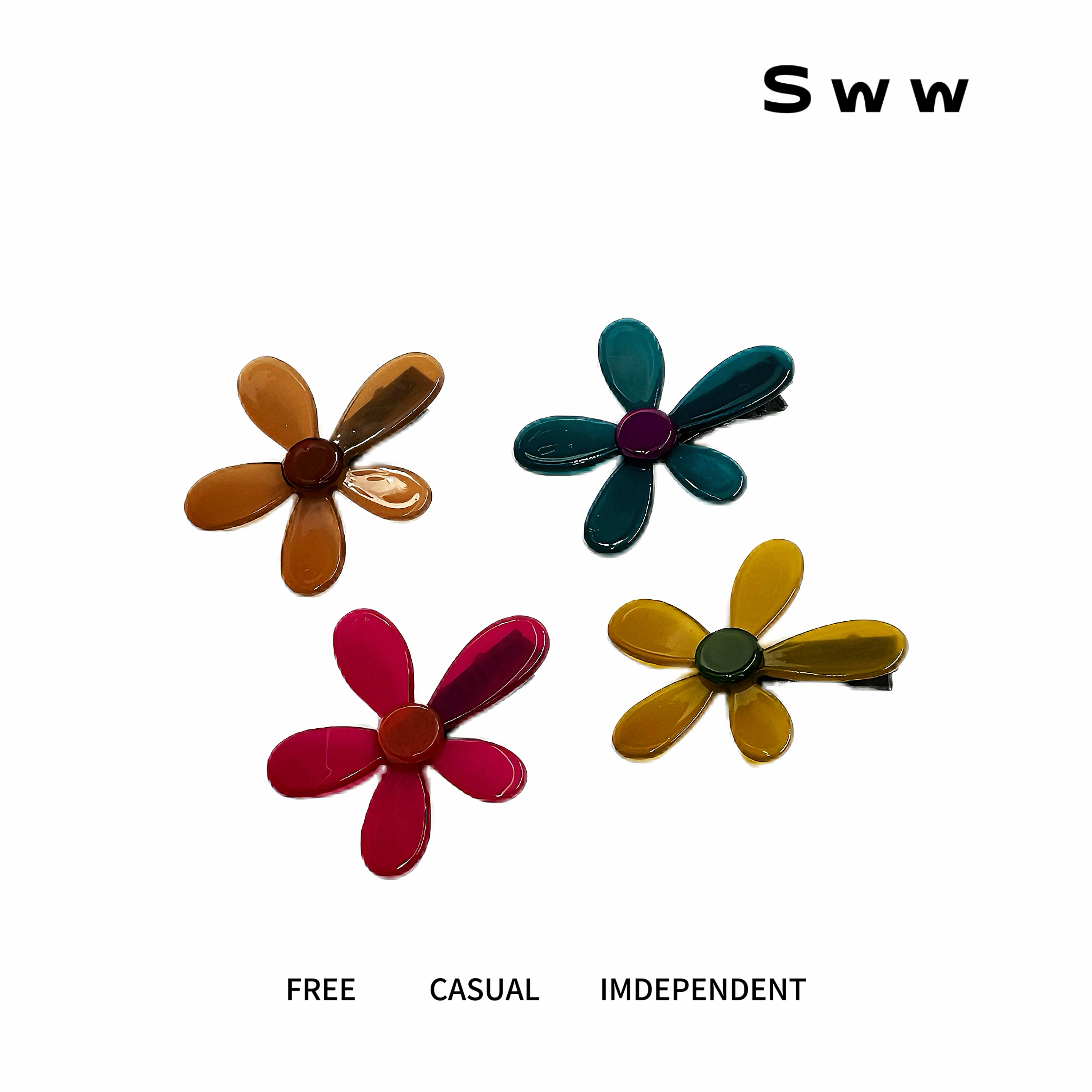 SWW一组四个装鸭夹醋酸不规则花瓣雏菊撞色花朵鸭夹刘海碎发夹