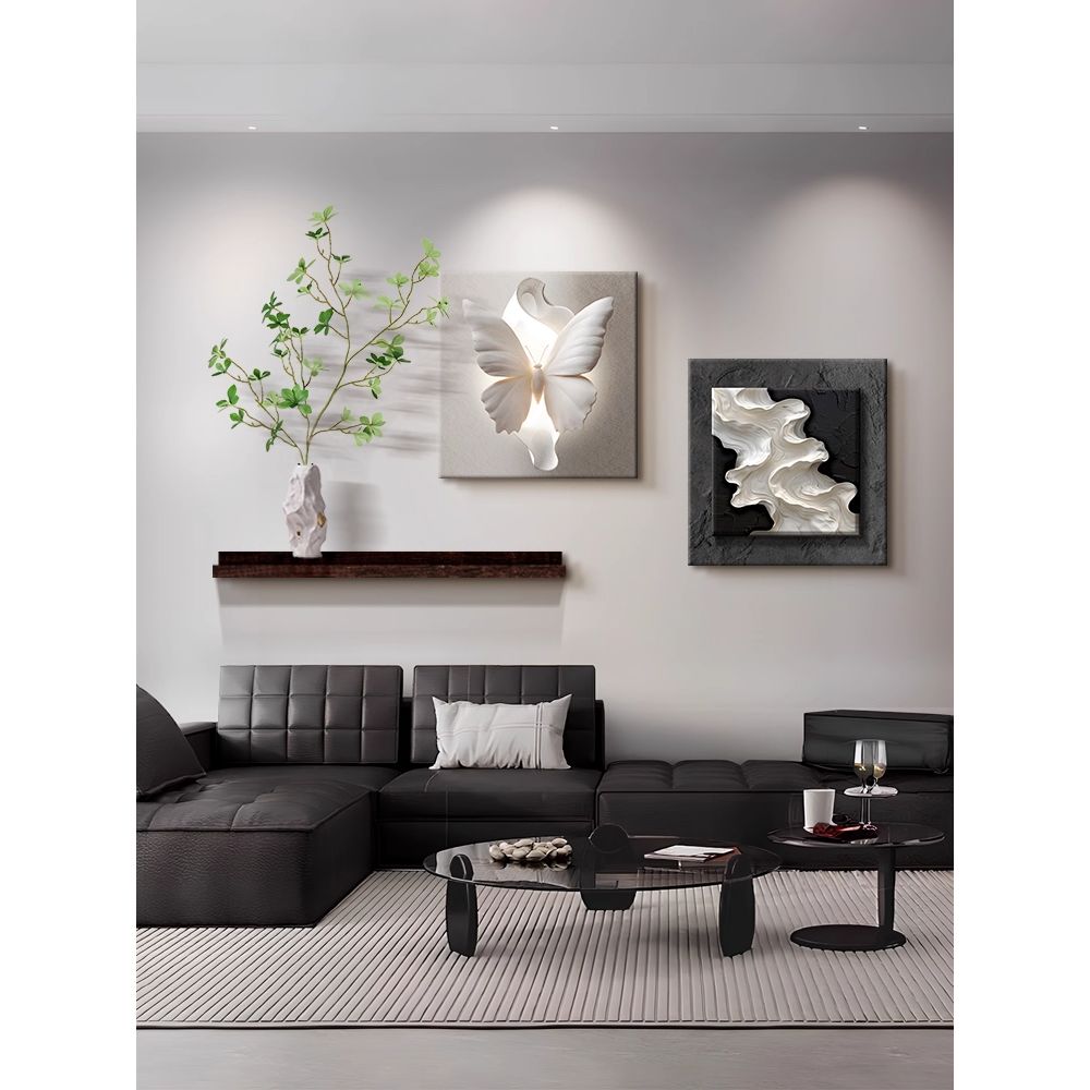 现代简约客厅装饰画黑白蝴蝶沙发背景墙挂画组合画玄关收纳置物架