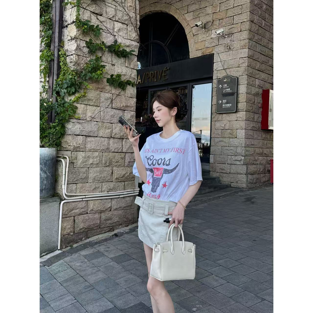 【Cikky定制】宽松印花短袖中长款白色简约圆领短袖慵懒风休闲短裙