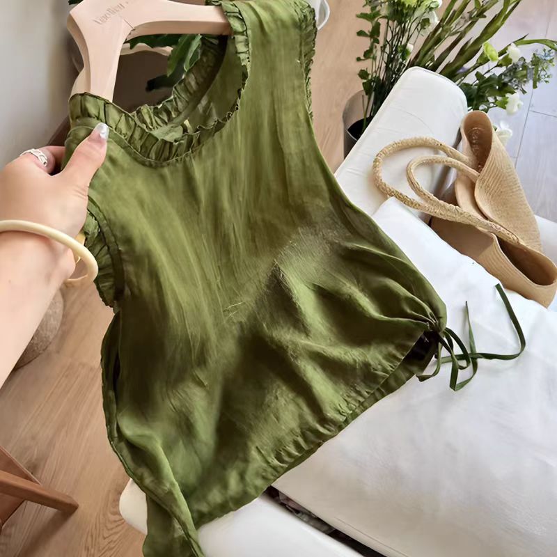 法式木耳领圆领背心衬衫女夏季新款文艺复古宽松显瘦无袖上衣9316