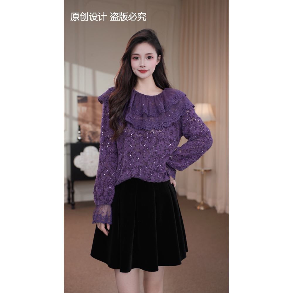 旷宁宁·梦幻薰衣草·秋装气质拼接设计感斗篷小衫上衣女装-91205