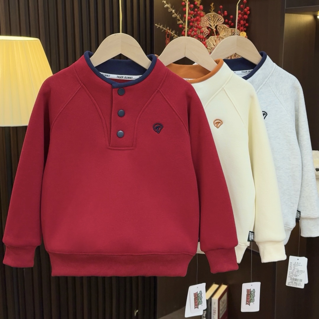 儿童加绒卫衣秋冬新款男童半高领拼接撞色中大童时尚圆领上衣5110