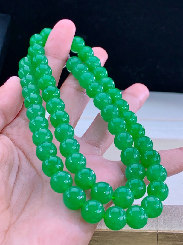 收藏级品质老坑老种缅甸天然翡翠A货满阳绿珠链典藏传承之选卡10