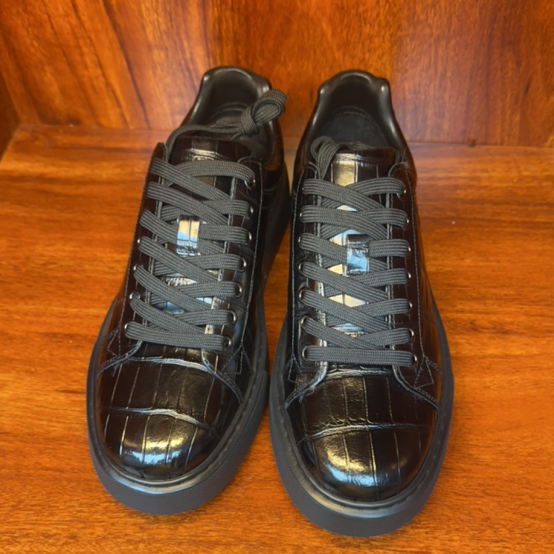 男士保真鳄鱼黑武士系带黑底XL板鞋-9649