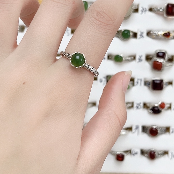 和田玉戒指银S925镶嵌天然