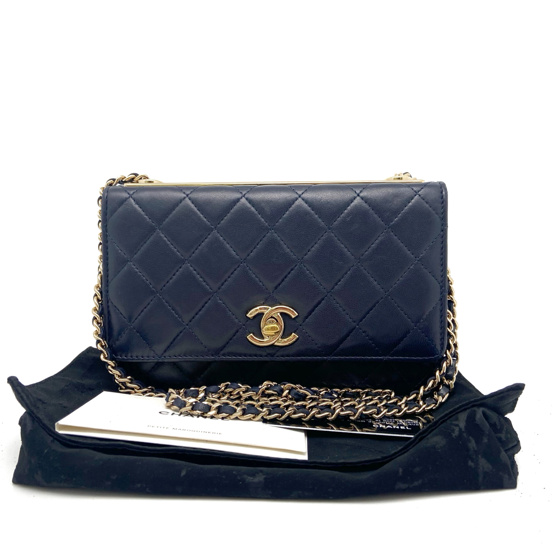95新 Chanel/香奈儿 深蓝色金扣trendy cc woc链条斜挎发财包