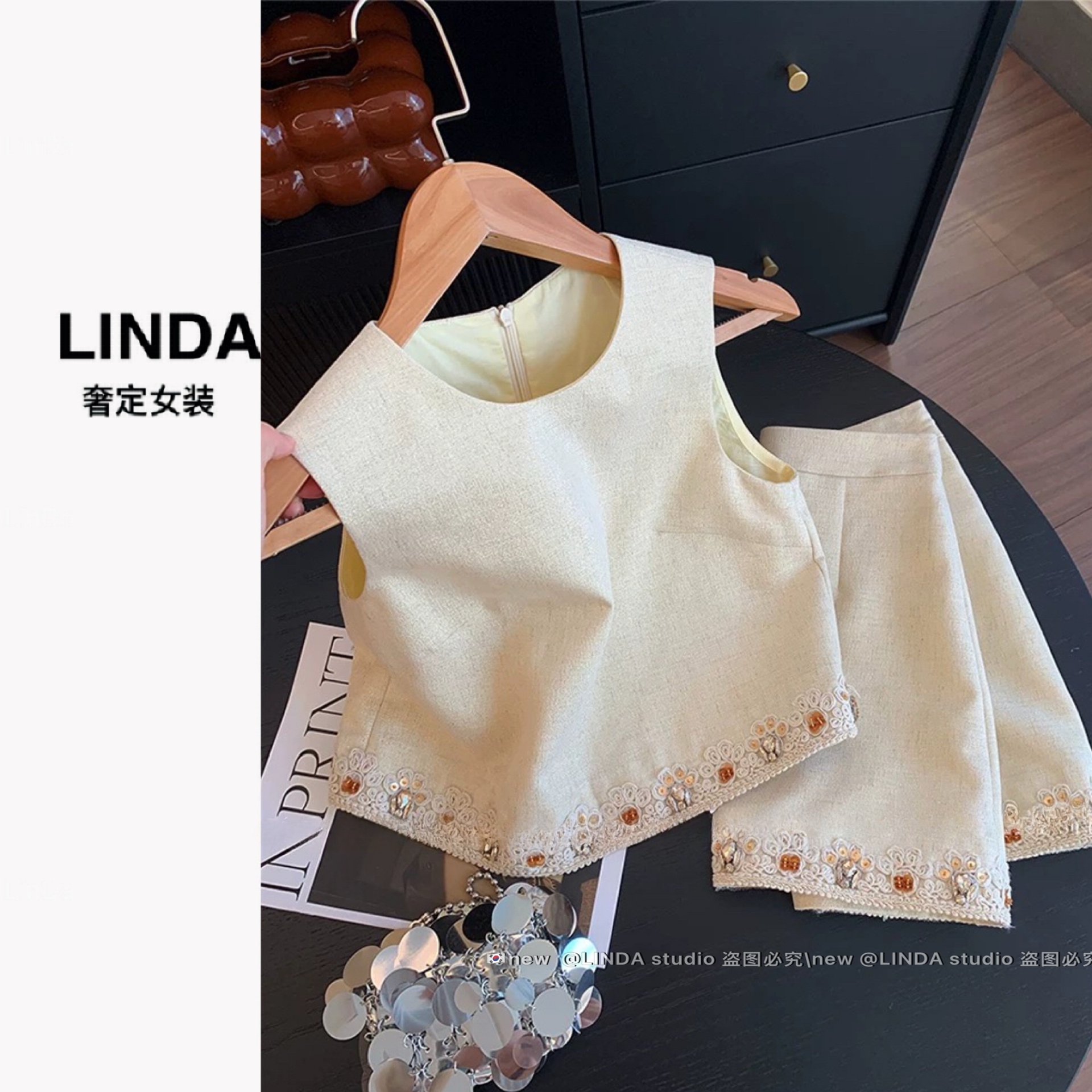 〖亚麻 小香风〗法式小香风钉珠无袖背心➕半裙短裙两件套