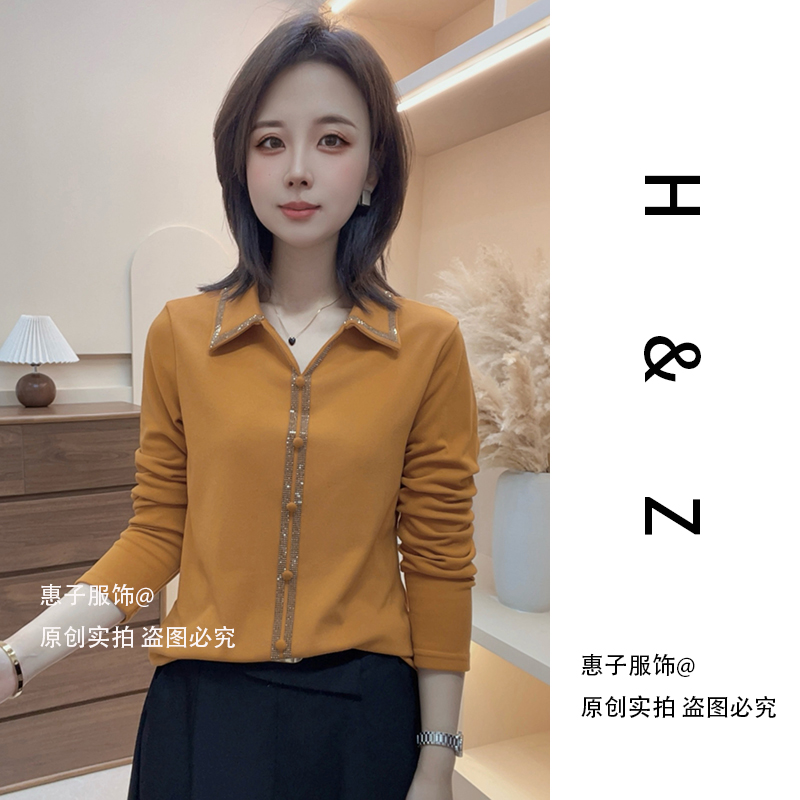 【惠子服饰】新款简约翻领纯色烫钻百搭显瘦长袖T恤女秋季时尚洋气