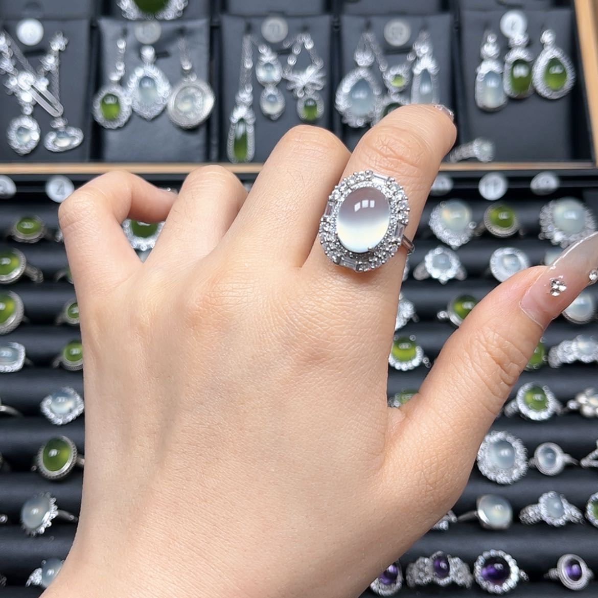 【闪购商品】岫玉戒指银S925镶嵌7**^