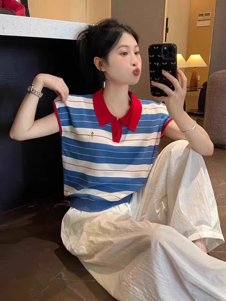 休闲运动减龄条纹短袖t恤女夏季穿搭新款韩系时尚polo衫坎肩上衣