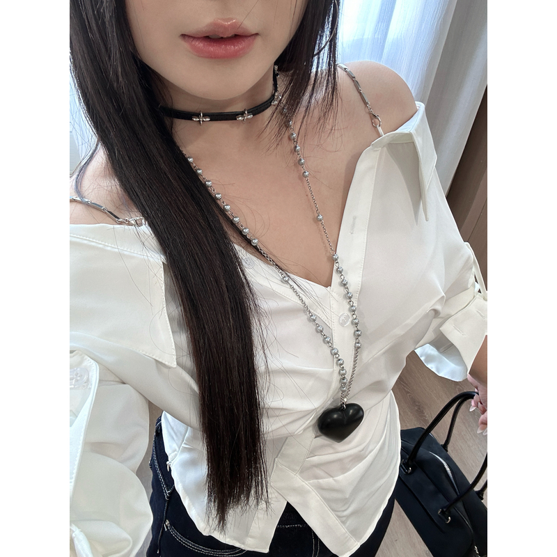 【大小姐】“心动曲率”纯欲风一字肩吊带不对称设计师气质露肩衬衫