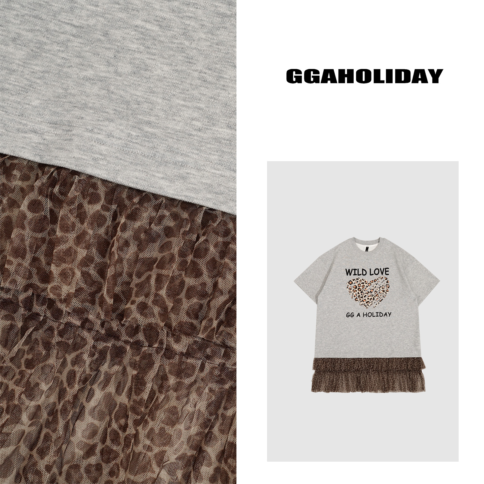 GGAHOLIDAY美式休闲复古宽松百搭豹纹网纱拼接短袖连衣裙-152420