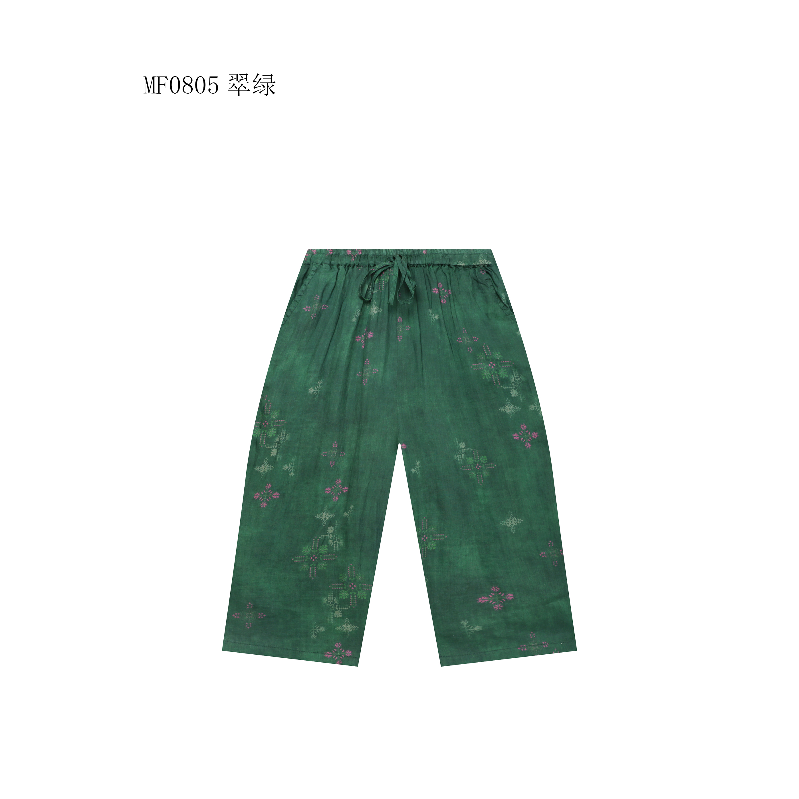 【麻訪家】MF0805翠绿文艺印花舒适休闲百搭直筒裤