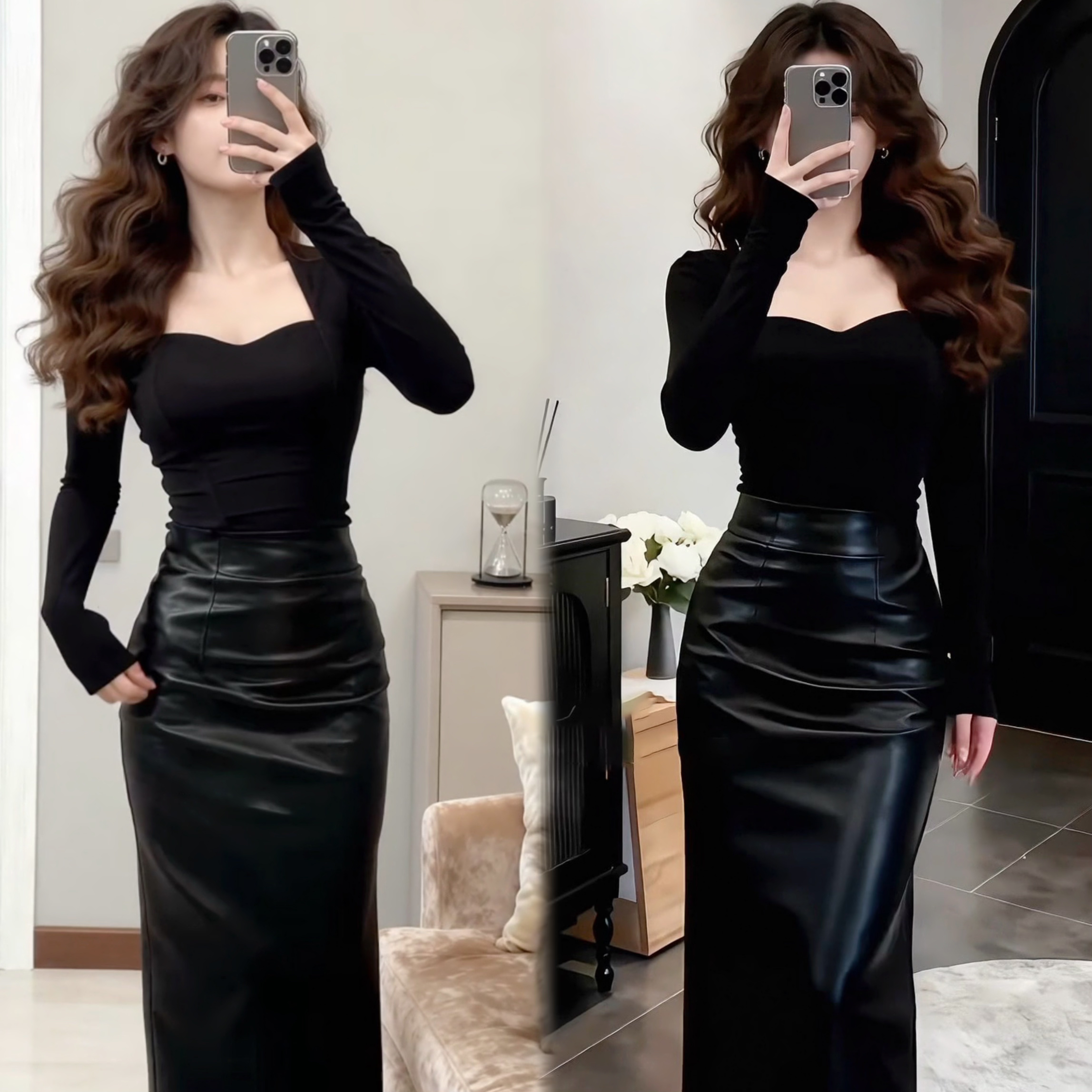 2025秋冬女士新款韩系辣妹气质方领坎肩长袖上衣包臀半身裙套装女