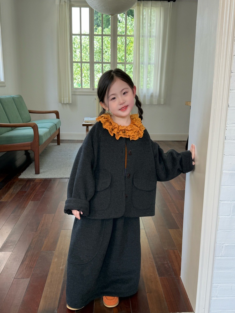 女童冬装新品套装2025韩系穿搭儿童设计感毛呢外套半身长裙两件套