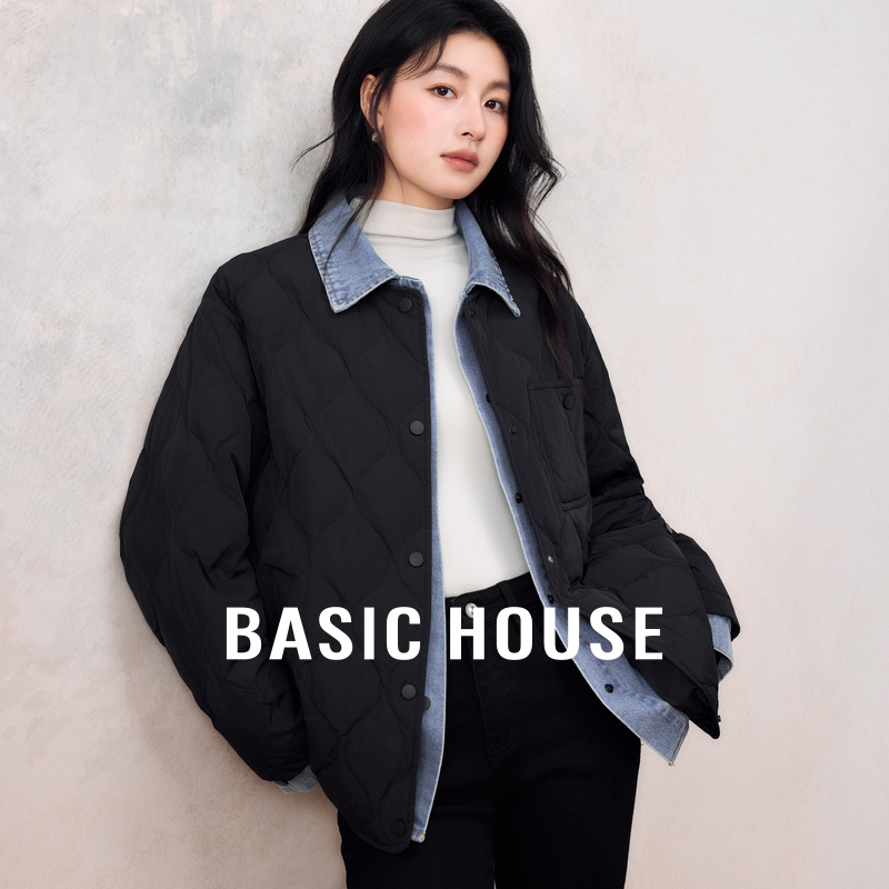 Basic House/百家好假两件牛仔拼接轻薄羽绒服秋冬小个子短款外套