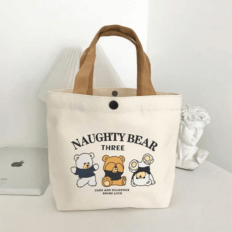 手提包三只小熊帆布包女学生出行便携上班手拎便当包帆布袋礼品袋