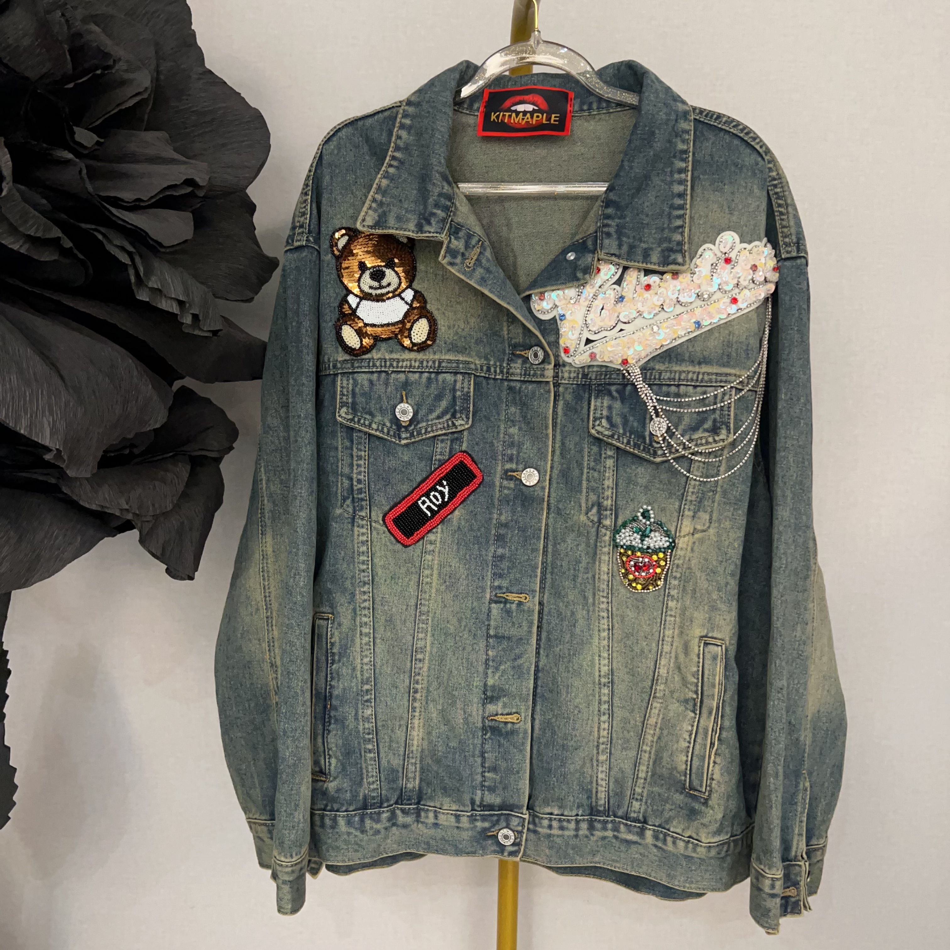 RR2004锐宝潮牌手工手绣耐磨春季纯色百搭做旧水洗宽松牛仔外套