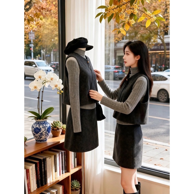 秋冬穿搭一整套女韩系巨好看的针织衫上衣马甲裙子超火三件套装