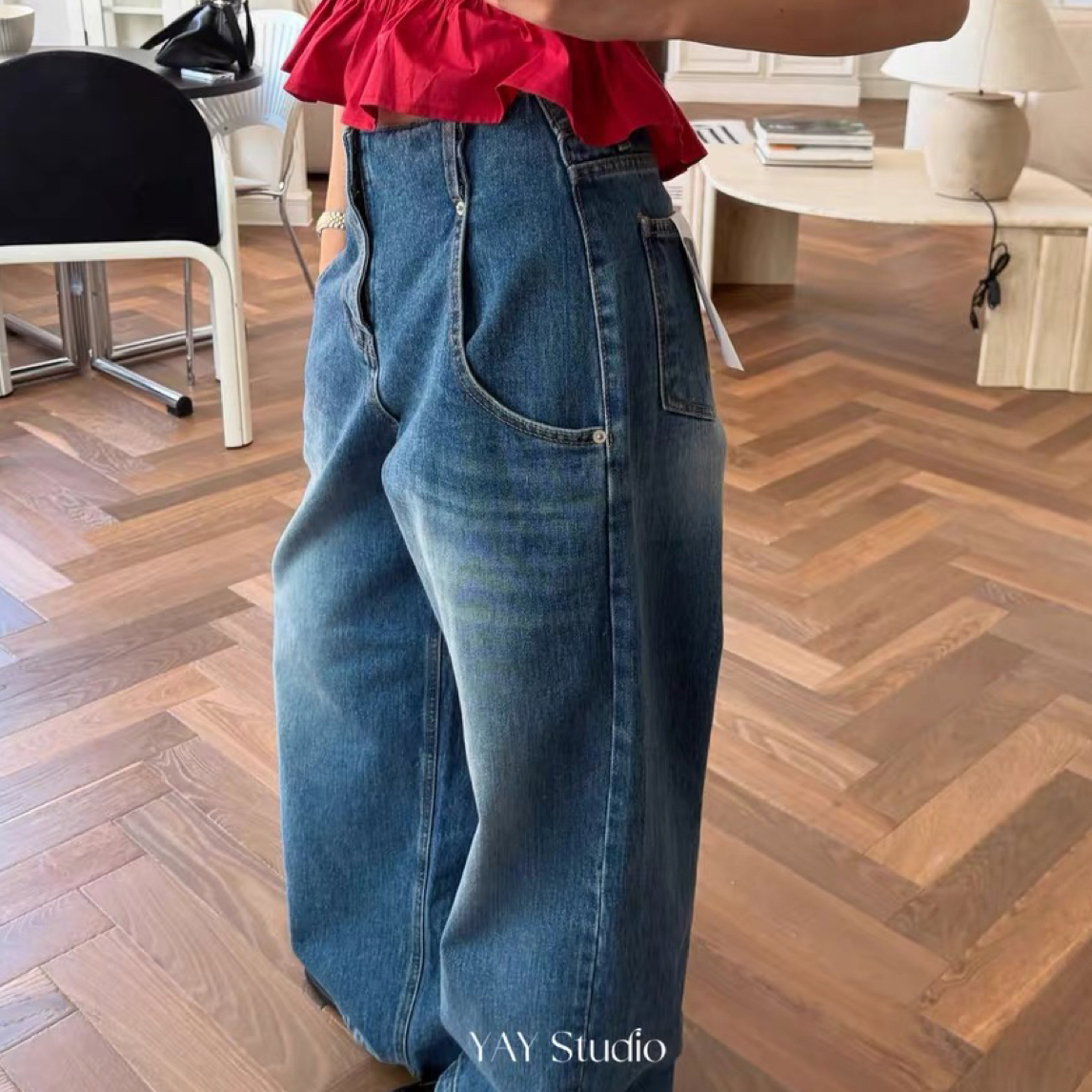 韩国拆包Eon 复古抓痕大口袋高腰显瘦牛仔裤