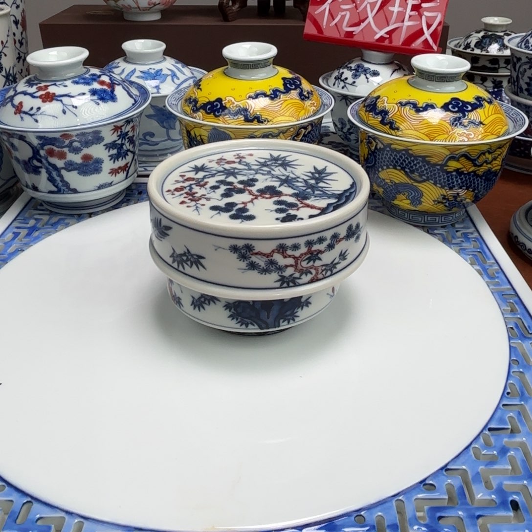 摆件陶岁寒三友盖置送一个微瑕杯子