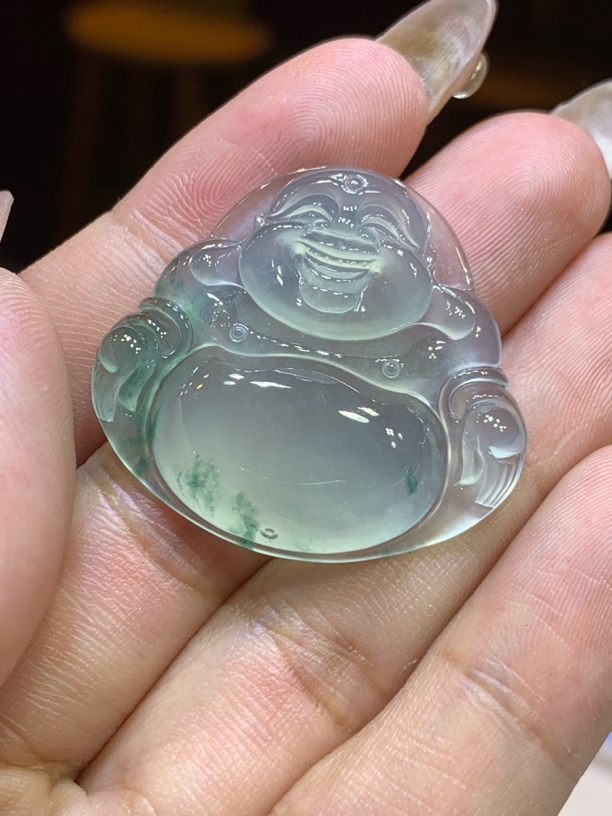 缅甸天然翡翠A货，冰种飘花佛公一刀切，干净细腻一尘不染，耐看的很