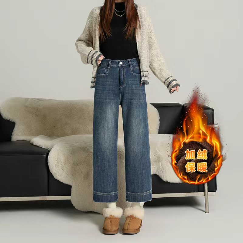 复古九分直筒牛仔裤女2025年秋冬加绒高腰显瘦小个子阔腿奶奶裤子