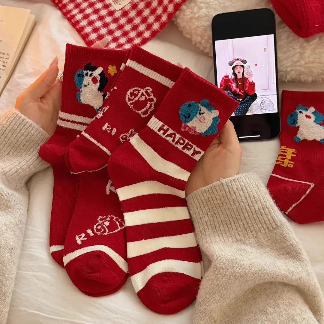 5双装马年红袜本命年红色中筒棉袜2026属马喜庆护脚秋冬长袜