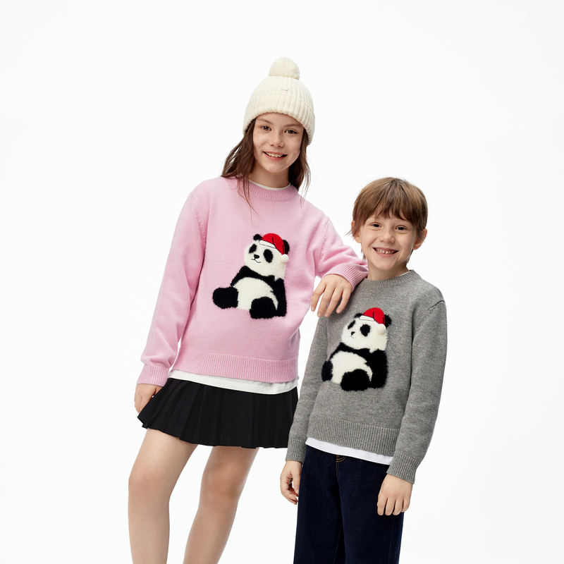 亲子装littlemoco童装25冬新款儿童熊猫刺绣毛衣长袖上衣