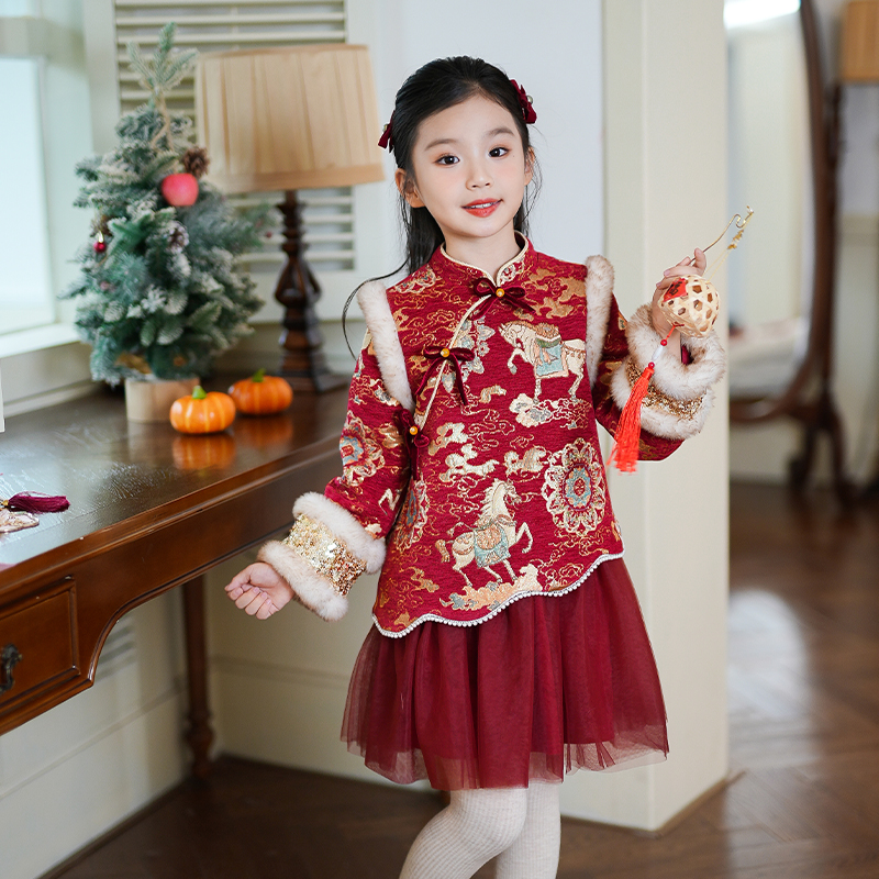 54026汉服女童连衣裙2025冬季新款儿童公主裙拜年服新年衣服国风