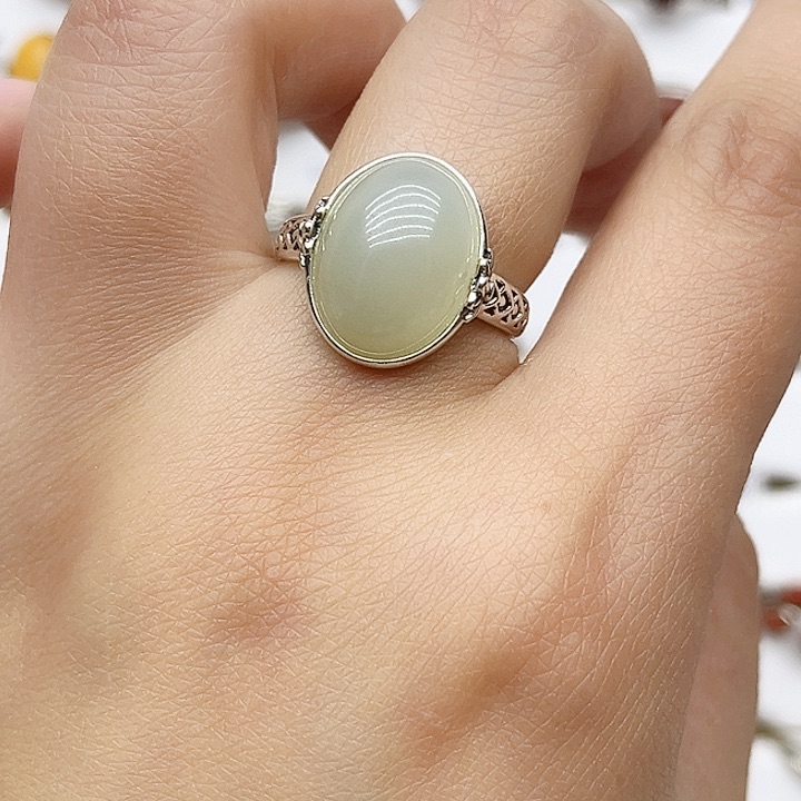 和田玉戒指银S925镶嵌天然