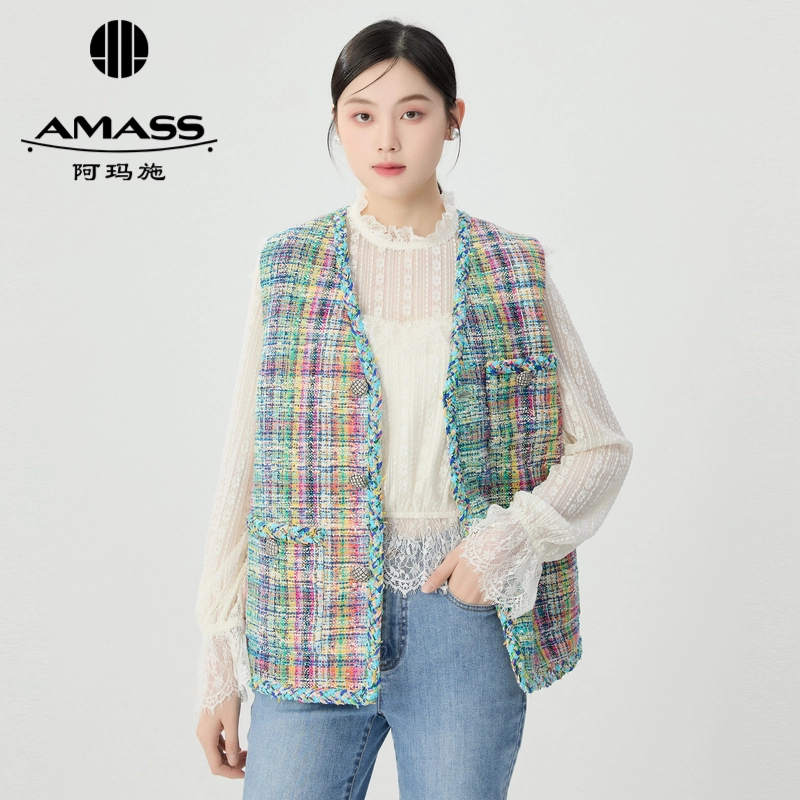 阿玛施AMASS新款精致优雅小香中长款花呢马甲5400910