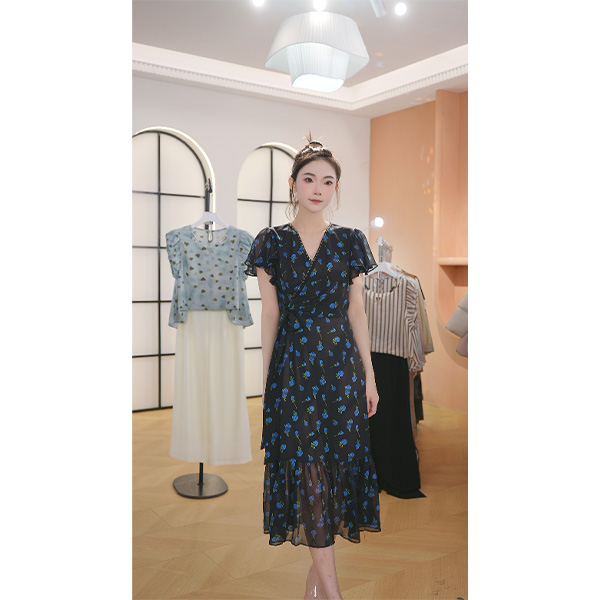L9067  2025年夏季新款时尚气质V领碎花收腰显瘦中长款连衣裙