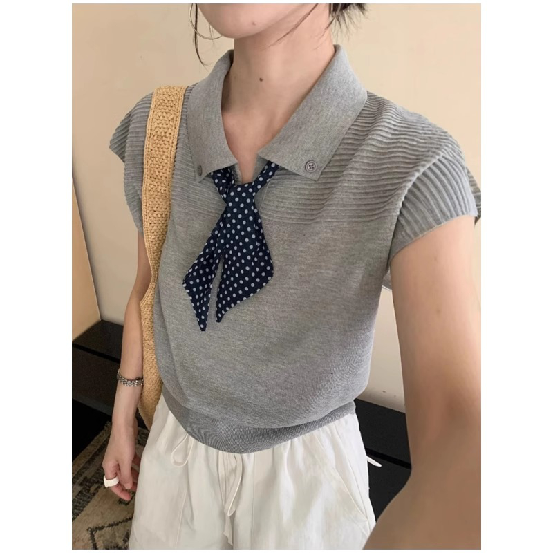 POLO波点丝巾冰丝显瘦针织衫背心t恤女2025新款时尚漂亮百搭上衣