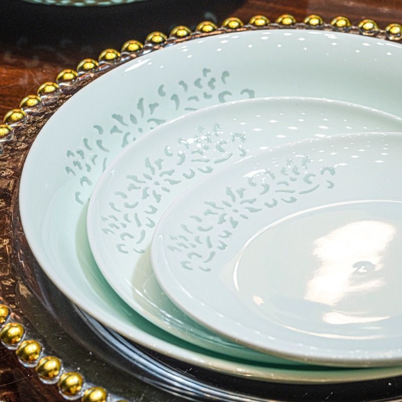 精选【6只8英寸玲珑盘青瓷】餐具盘碗碟套装家用乔迁釉下彩碗具盘子