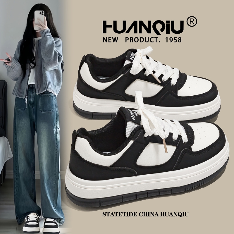 米莱Jiaer/环球黑白板鞋女2025新款厚底休闲鞋小众百搭学生熊猫鞋