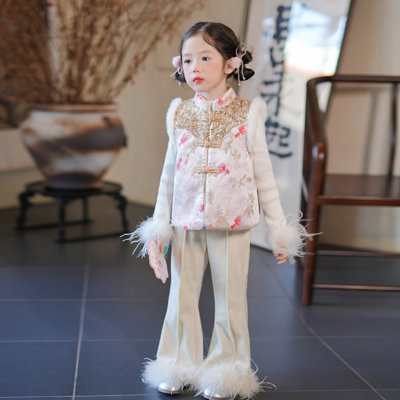 0769834女童拜年服汉服马甲提花丝绒盘扣上衣冬装新中式儿童背心