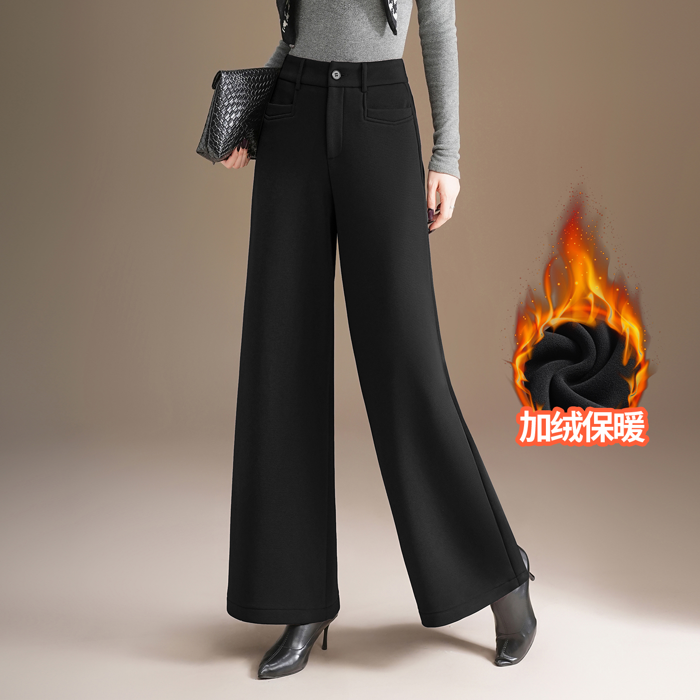 加绒加厚毛呢阔腿裤女秋冬新款宽松中年女士直筒裤今年流行休闲裤