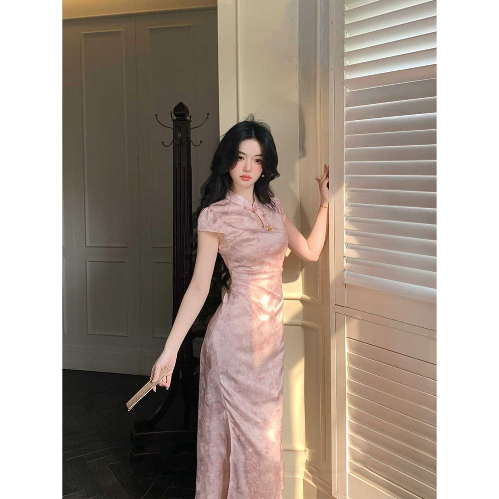 新中式国风改良旗袍连衣裙女2025新款修身显瘦立领粉色百搭长裙子