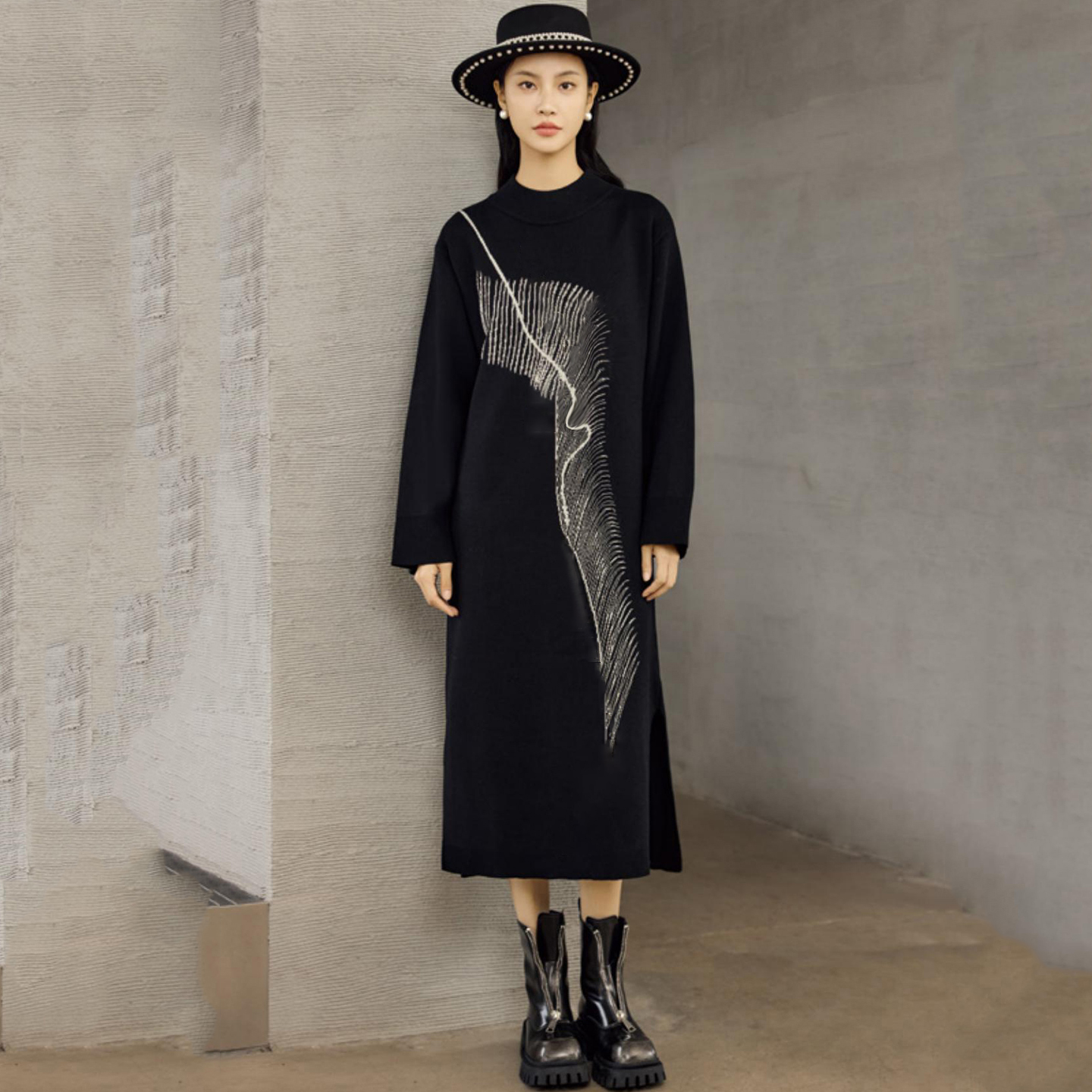 49987【缇系列】黑色半高领针织连衣裙99688M0058