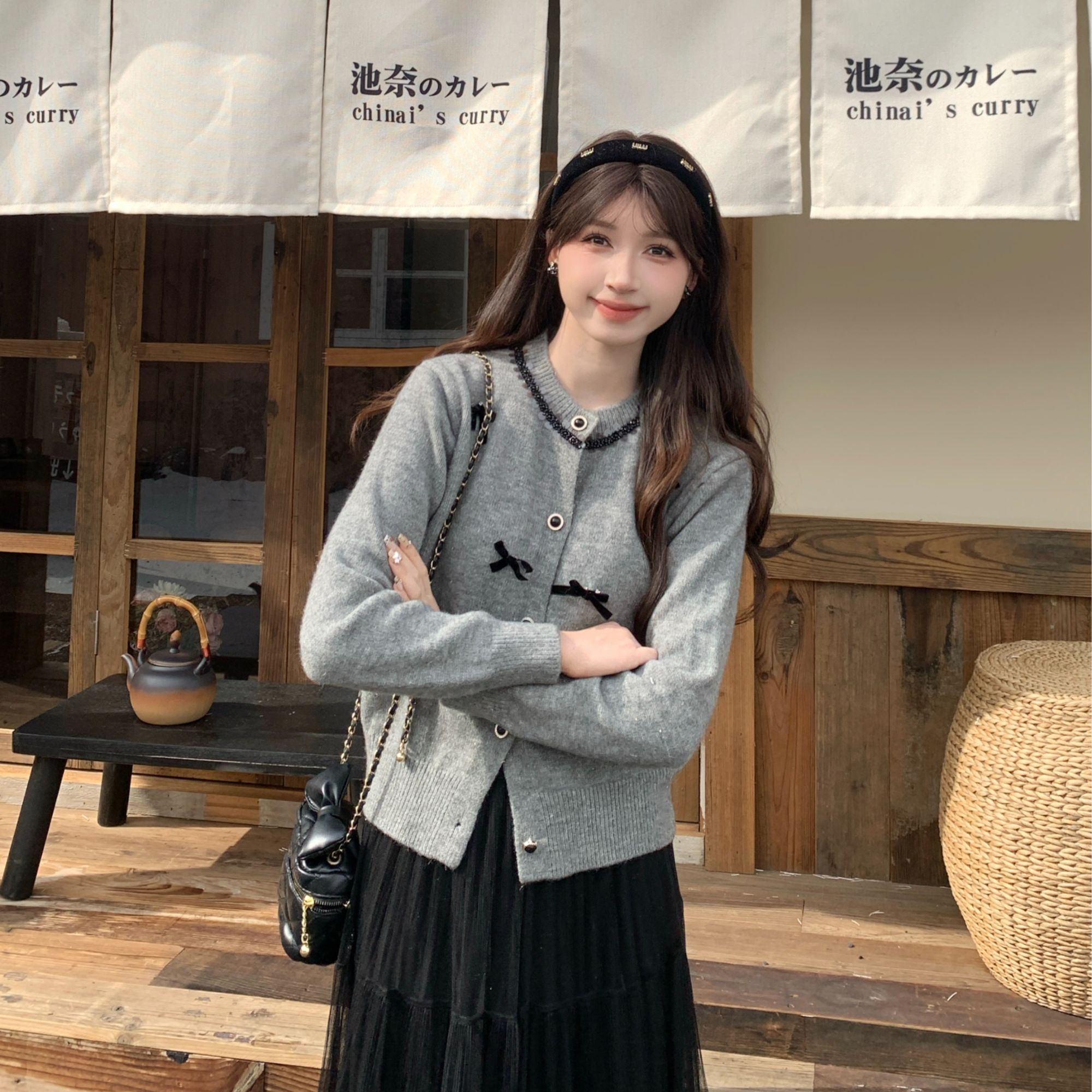 【粉丝专属】TU30178温柔风蝴蝶结圆领毛衣开衫立体蝴蝶结针织上衣