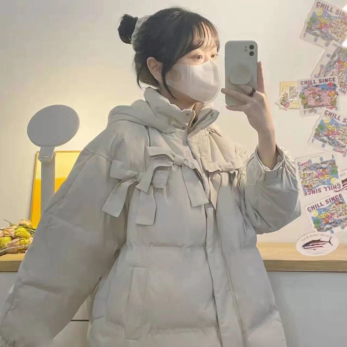 蝴蝶结棉袄外套2023新款冬季小众设计感韩系温柔棉服女ins原宿