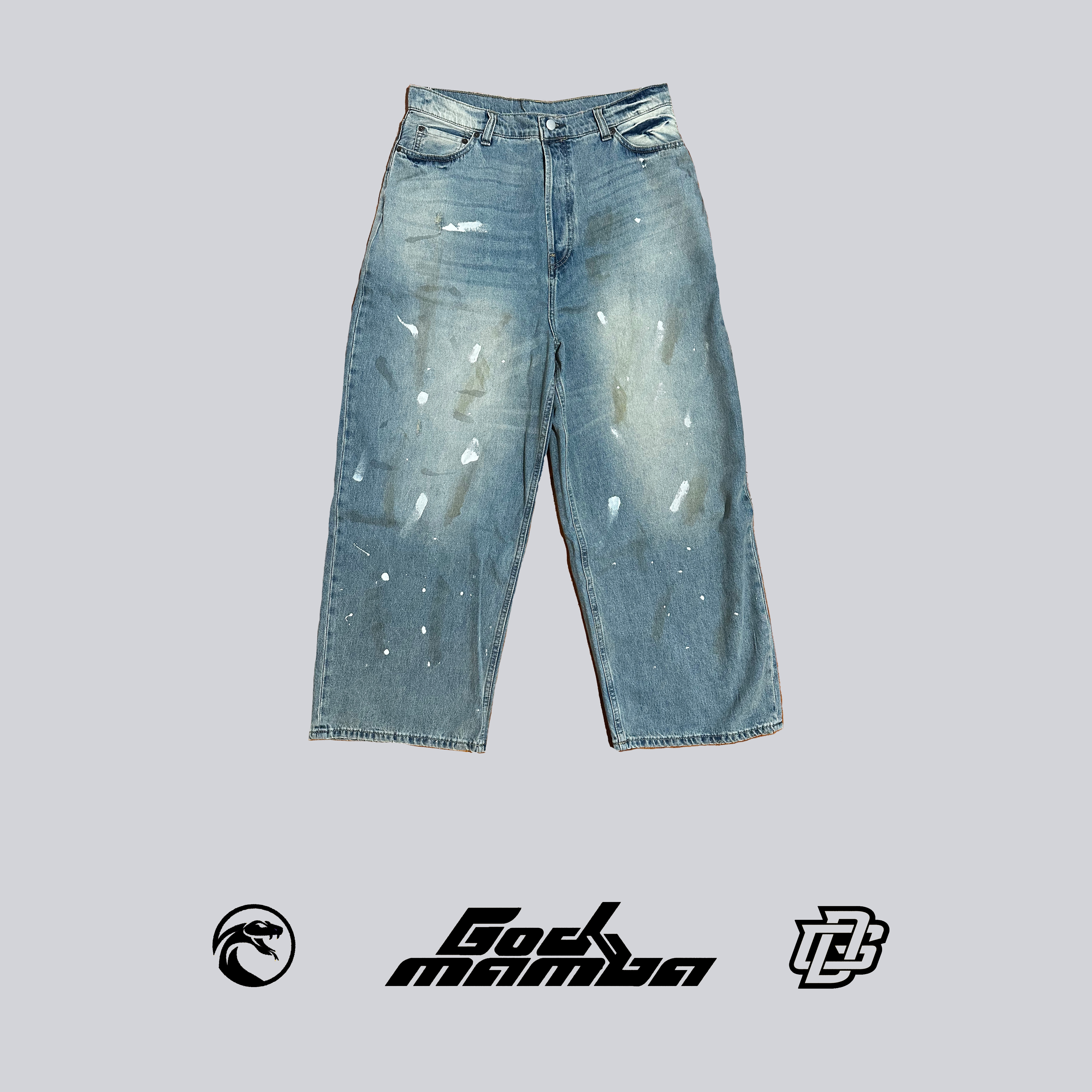 泼墨牛仔裤裤子水洗潮流蓝色宽松美式电池长裤GODMAMBA黄荷娜