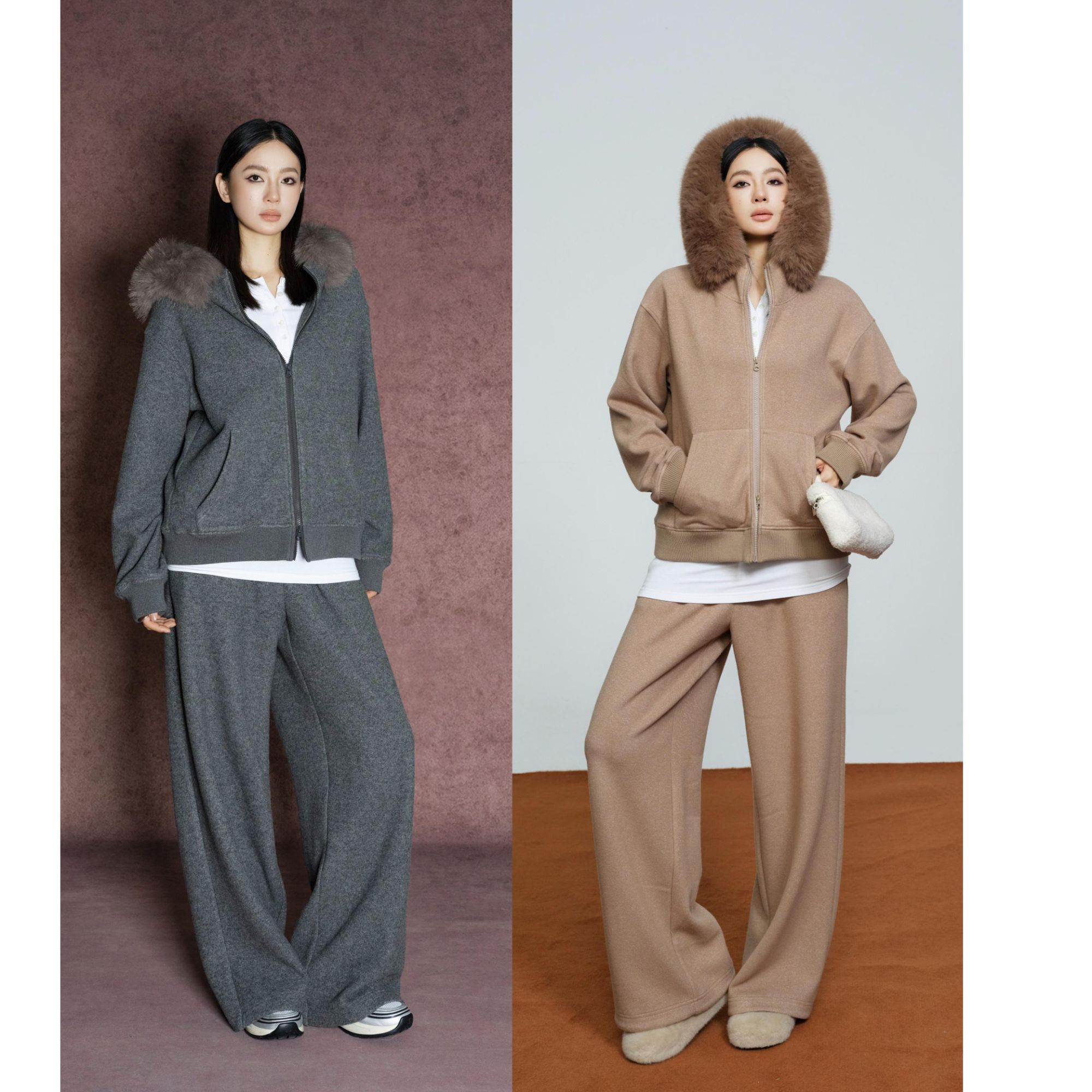 周淼ZHOUMIAO可拆毛领连帽卫衣宽松直筒休闲裤套装女冬ZM24G8553Z