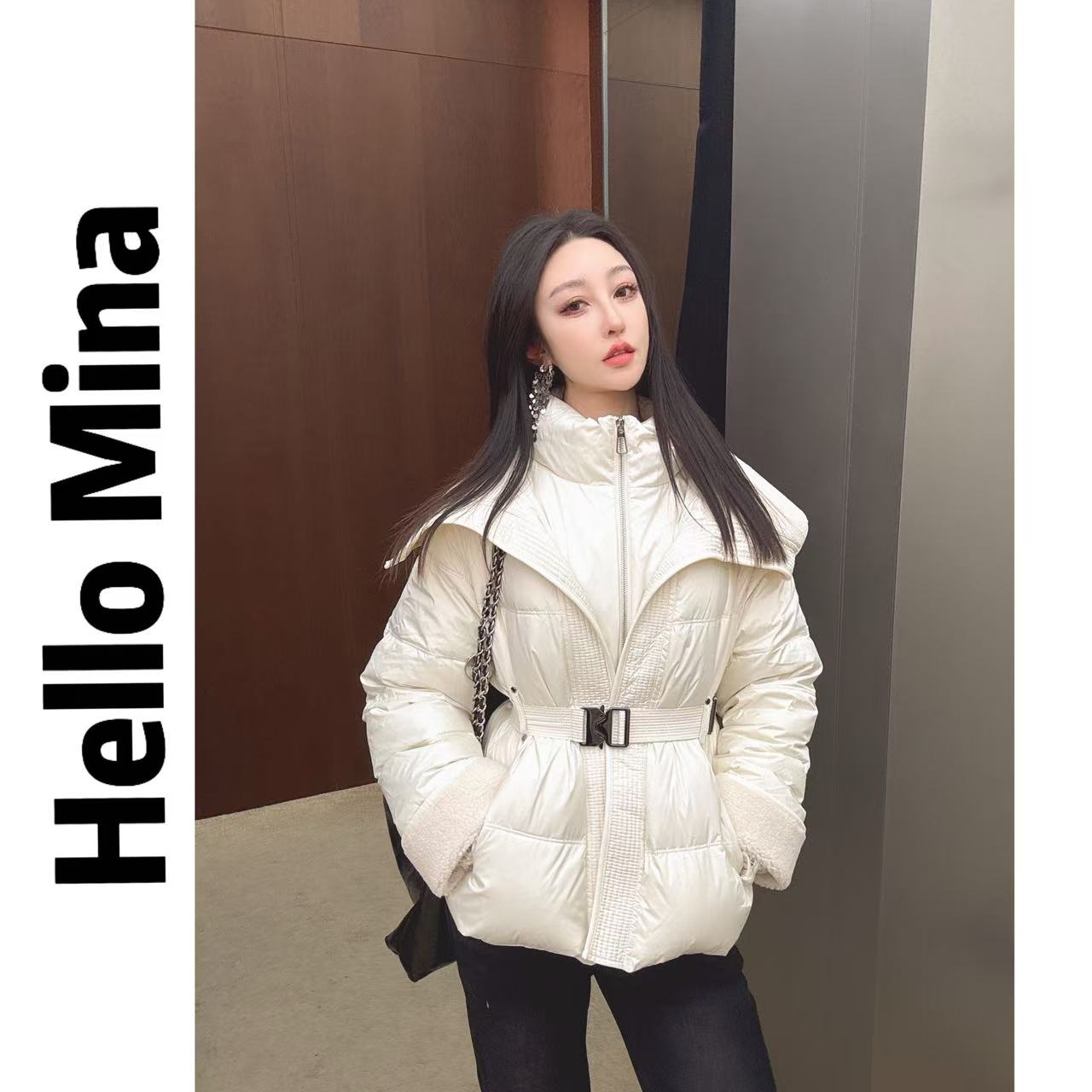 7839韩系大翻领收腰系带羽绒服